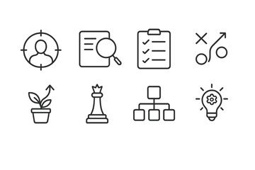 Poster - Vector icon set depicting various elements of strategy, planning, and growth in a minimalist style