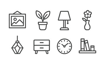Poster - Decorative vector icons featuring home decor elements including plants, lamps, art, and furniture for design projects