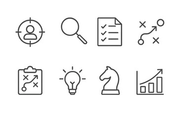Poster - Vector icons depicting strategic planning, analysis, and decision-making elements in modern business scenarios