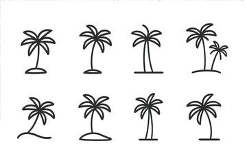 Poster - Collection of vector icons showcasing various palm tree designs in a minimalist style ideal for tropical themes