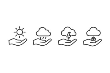 Poster - Weather condition vector icons representing sun, rain, storm, and snow in a simplified design for various applications and information use