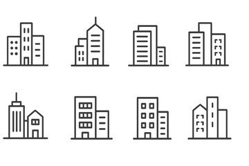 Poster - Collection of vector icons representing various building designs in a minimalist style showcasing urban architecture