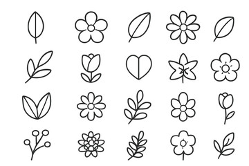 Poster - Collection of minimalist vector flower and leaf icons suitable for various design projects showcasing nature themes