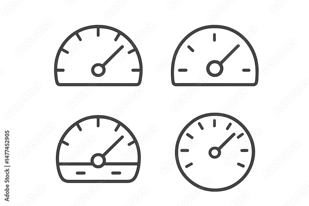 Various vector icons depicting speedometer gauges in minimalist design ...
