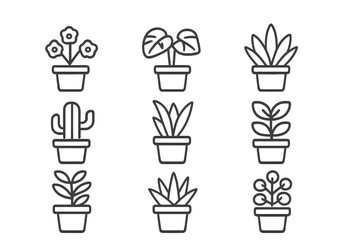 Poster - Vector icons of various plants in pots arranged in a grid format for decorative and design applications
