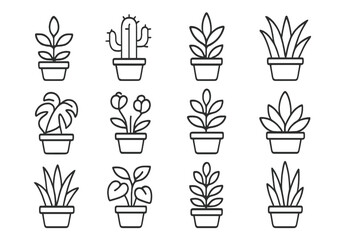 Poster - Collection of vector icons featuring various potted plants and cacti designed in a minimalist style