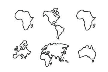 Poster - Vector icons representing different continents and regions of the world in a minimalist outline style suitable for various design projects