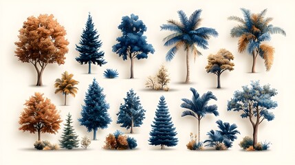 Poster - Minimalist and modern infographic illustrating a collection of different tree silhouettes including coniferous deciduous and tropical tree types arranged in a clean style on an isolated background
