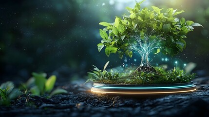 Poster - futuristic neon themed tree icon set illustrating the coexistence of technology and nature in a smar