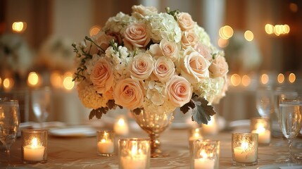 Poster - A stunning floral centerpiece combines soft pink roses and white hydrangeas in a crystal vase. Surrounding it are flickering candles that create a warm, romantic atmosphere for guests.