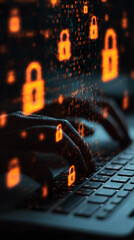 Poster - Hands typing on laptop keyboard, overlaid with binary code and padlock symbols, symbolizing online security and data protection