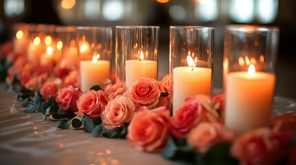 Poster - Soft candlelight glows warmly around petal soft pink roses, enhancing a beautifully set table ideal for an intimate gathering or romantic dinner celebration.