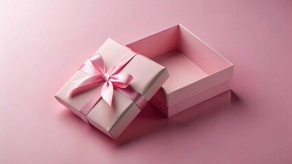 Poster - A delicately tied pink ribbon adorns a pale pink gift box, subtly open, revealing an empty interior against a matching background, suggesting anticipation and a moment of gifting