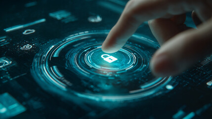 Poster - Finger activates a glowing cyan digital lock icon on a futuristic interface, symbolizing online security and data protection, ideal for technology or cybersecurity concepts