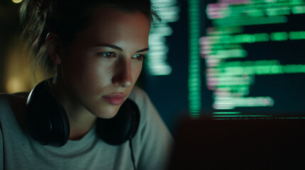Poster - Close-up of young woman with headphones, focused on computer screen displaying green code, conveying concentration and late-night work
