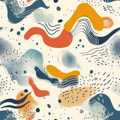 Fototapete - seamless repeating minimal pattern of abstract marine animal doodles and wave lines, soft color palette