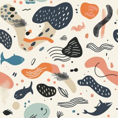 Fototapete - seamless repeating minimal pattern of abstract marine animal doodles and wave lines, soft color palette