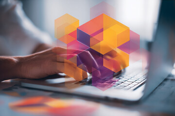 Poster - Hands typing on laptop keyboard, overlaid with abstract geometric shapes in orange, purple, and pink hues, symbolizing digital innovation and modern technology