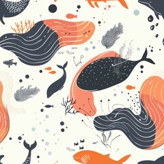 Fototapete - seamless repeating minimal pattern of abstract marine animal doodles and wave lines, soft color palette