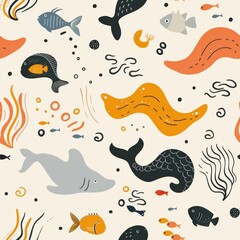 Fototapete - seamless repeating minimal pattern of abstract marine animal doodles and wave lines, soft color palette