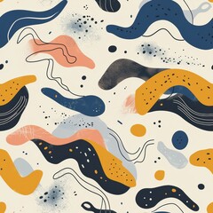 Fototapete - seamless repeating minimal pattern of abstract marine animal doodles and wave lines, soft color palette