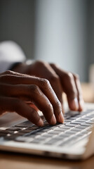Poster - Close-up of dark brown hands typing on laptop keyboard, showcasing digital work, efficiency, and modern technology