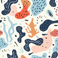 Fototapete - seamless repeating minimal pattern of abstract marine animal doodles and wave lines, soft color palette