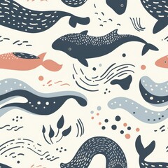 Fototapete - seamless repeating minimal pattern of abstract marine animal doodles and wave lines, soft color palette