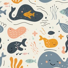 Fototapete - seamless repeating minimal pattern of abstract marine animal doodles and wave lines, soft color palette