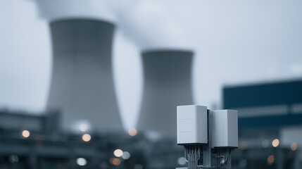 Poster - industrial silhouette: a moody photograph featuring industrial cooling towers, emitting a column of 