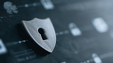 Poster - Cyber Shield: A metallic shield with a keyhole, symbolizing data protection and security against cyber threats, standing as a strong emblem of safety in the digital realm.