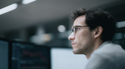 Poster - Focused Observer: A focused individual, with glasses, thoughtfully considers complex data on multiple screens in a modern, high-tech environment, capturing intense concentration.
