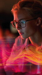 Poster - Close-up of woman with glasses, illuminated by red and orange light, focused on screen, showcasing technological concept, digital art, innovation and progress