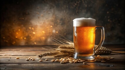 Poster - A frosty mug of golden beer rests on a rustic wooden table, accompanied by barley stalks and scattered grains, creating a visually appealing scene of brewing ingredients.