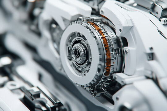 Close up Of Intricate White And Orange Gear Mechanism