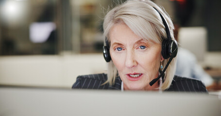 Aufkleber - Mature woman, face and headset for call center consultant, communication or CRM with help desk support at computer. Conversation, telecom and person with online advice, customer service and outbound