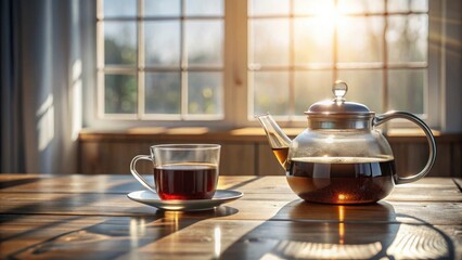 Poster - Warm morning sunlight illuminates a glass teapot and cup of dark beverage on a rustic wooden table, creating a peaceful and serene atmosphere.