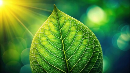 Poster - Radiant Sunlight Illuminates a Single Vibrant Green Leaf, Detailed Veins Visible Against a Soft Bokeh Background