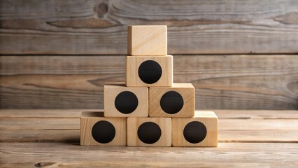 Aufkleber - Wooden Blocks with Circular Cutouts Form a Pyramid on a Rustic Wooden Surface