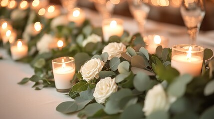 Poster - Soft candlelight casts a warm glow over a beautifully arranged table featuring delicate white roses and lush eucalyptus.