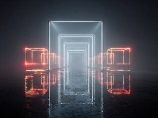 Poster - Abstract Geometric Tunnel of Light: A Modern, Reflective, and Technological Scene