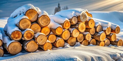 Poster - Winter Sunlight Illuminates a Stack of Snow-Covered Logs in a Serene, Rural Landscape