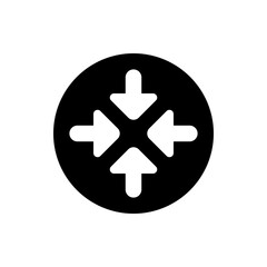 Poster - Illustration of a black circle containing four white arrows pointing inwards to a central point design