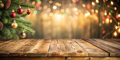 Poster - Rustic Wooden Tabletop with Festive Evergreen Branch and Ornaments Against a Sparkling Lights Background