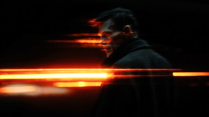 Wall Mural - Visibility view of a man in a dark coat, with a horizontal christ within streak.