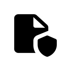 Poster - Black document icon with folded corner and a shield overlay representing data protection and security
