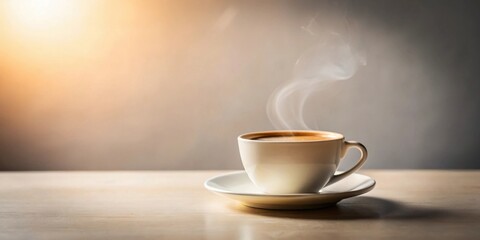 Poster - Aromatic Coffee Steam Rising from a White Cup on a Light Wooden Table