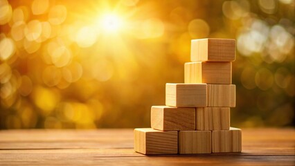 Aufkleber - Wooden blocks arranged as a staircase, bathed in warm sunlight, symbolize growth and progress on a natural wooden surface