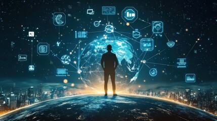 Man Standing on Earth Globe with Global Network and Digital Icons