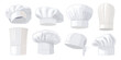 © MVshop - Set of white chef caps in cartoon style. Vector illustration of chef caps of different shapes and sizes: bandana, tall caps, mushroom-shaped, top hat, beret isolated on white background. Uniform.